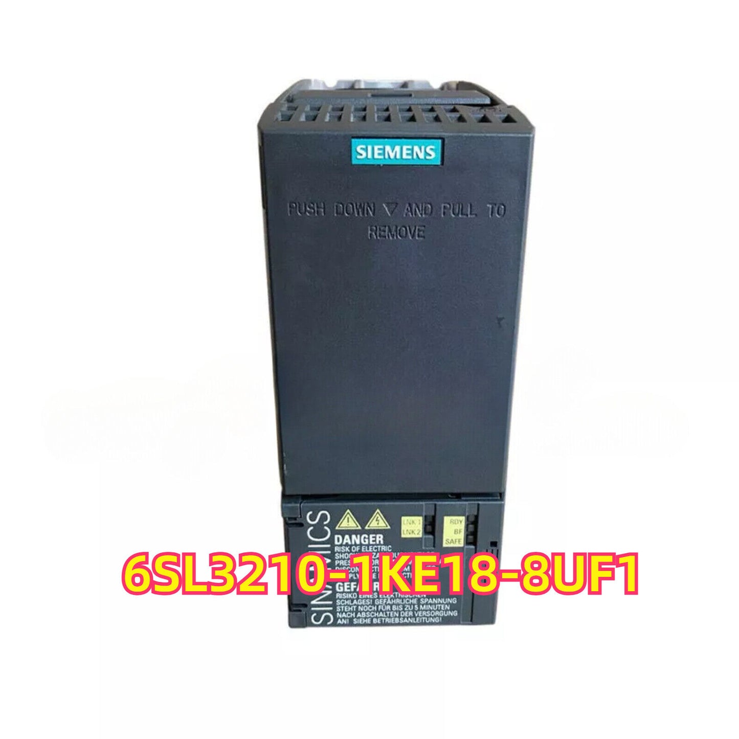 SINAMICS G120C Frequency Inverter 6SL3210-1KE18-8UF1, black, by Siemens, with warnings.