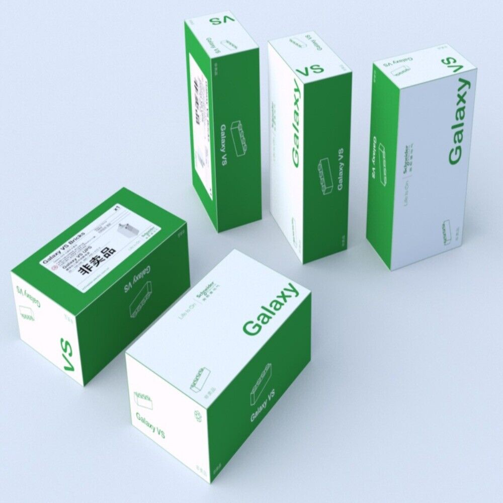 Schneider Electric Galaxy VS product boxes, green and white packaging