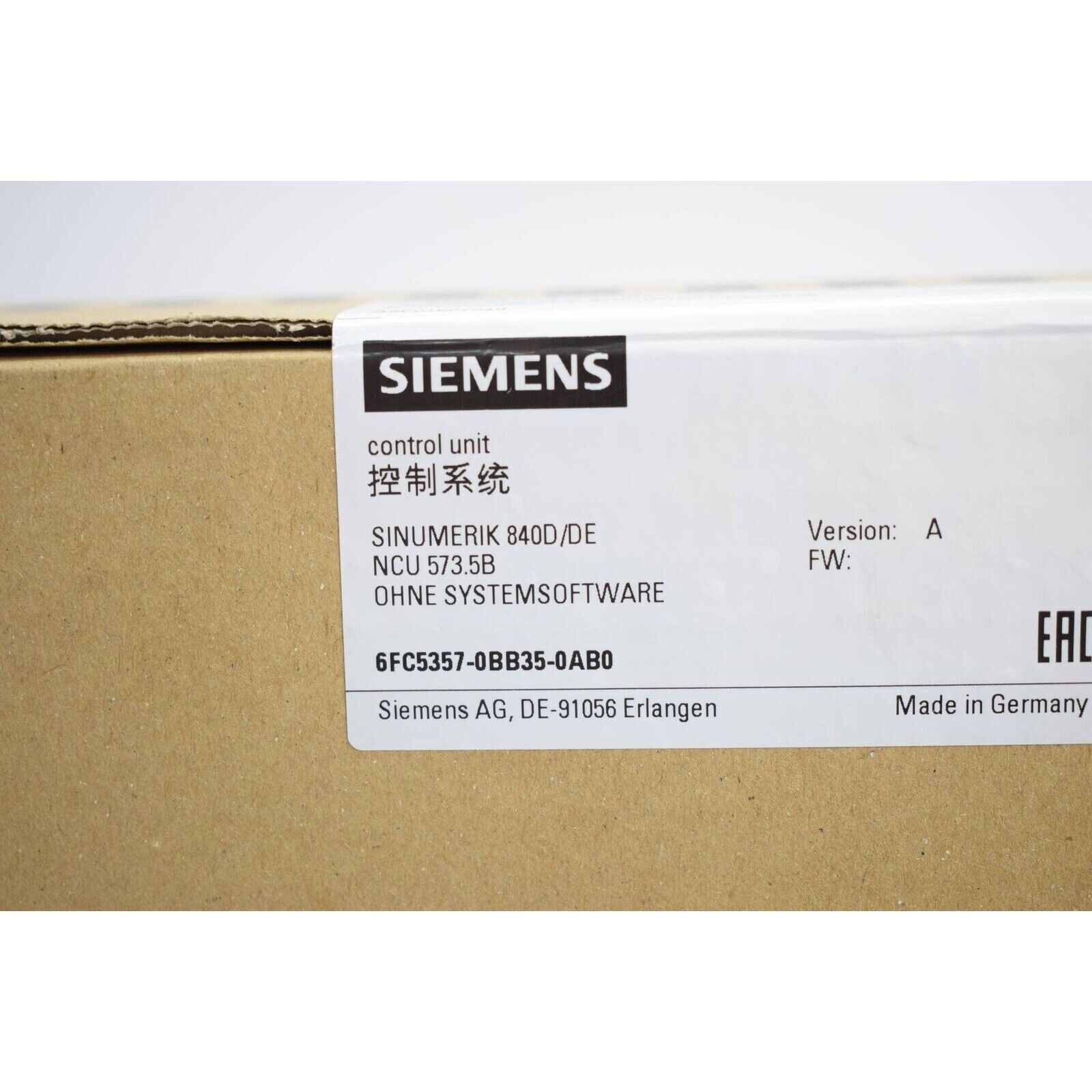 Siemens SINUMERIK 840DDE control unit with model number 6FC5357-0BB35-0AB0, product packaging, Made in Germany