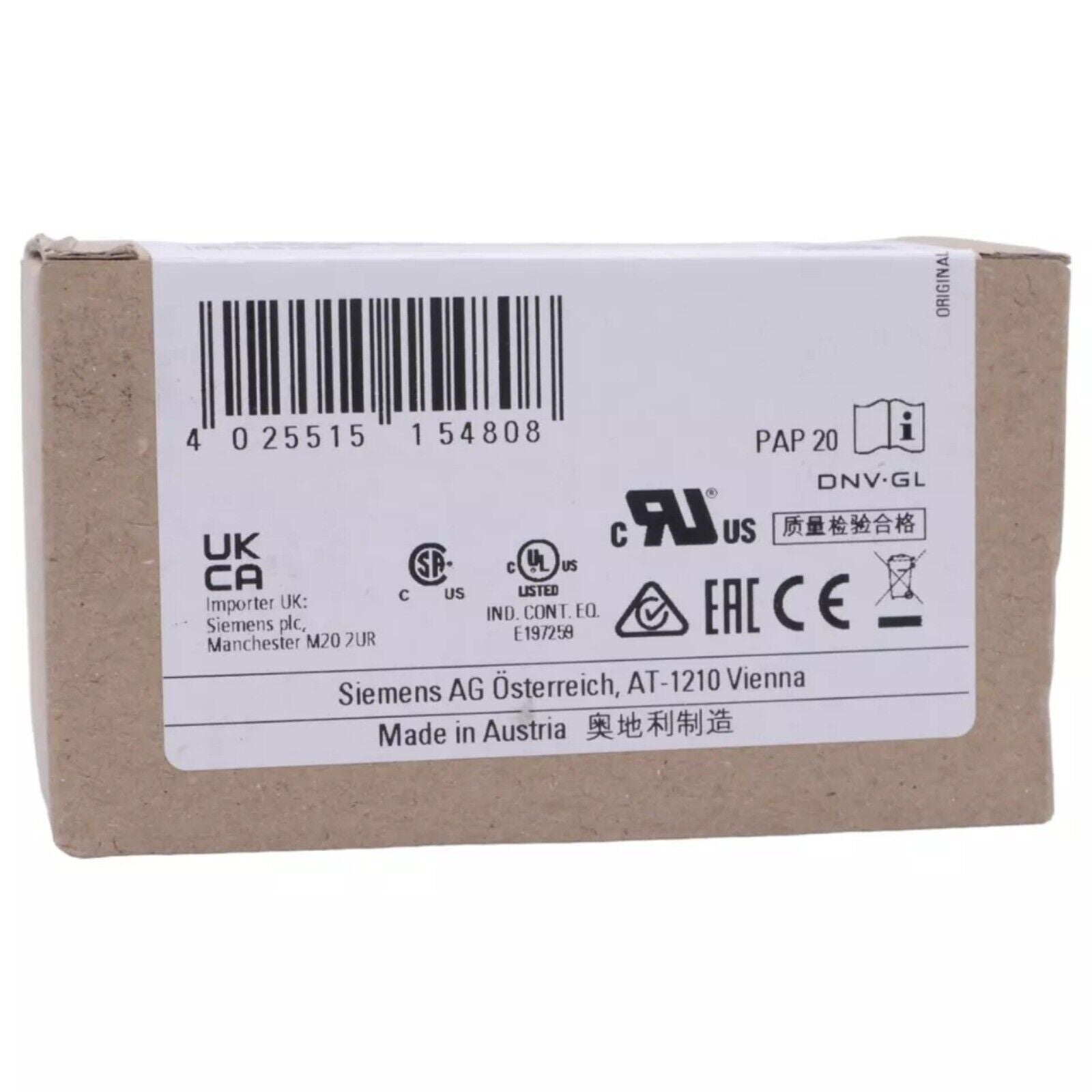 Siemens product packaging, with barcode, certifications, and Made in Austria text.