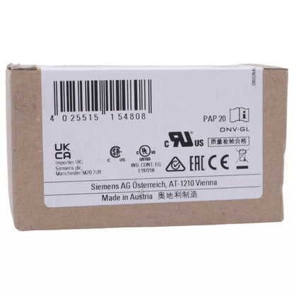 Siemens product packaging, with barcode, certifications, and Made in Austria text.