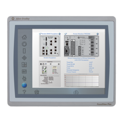 Allen-Bradley PanelView Plus, displaying Stratix 8000 Faceplates and power monitoring data.