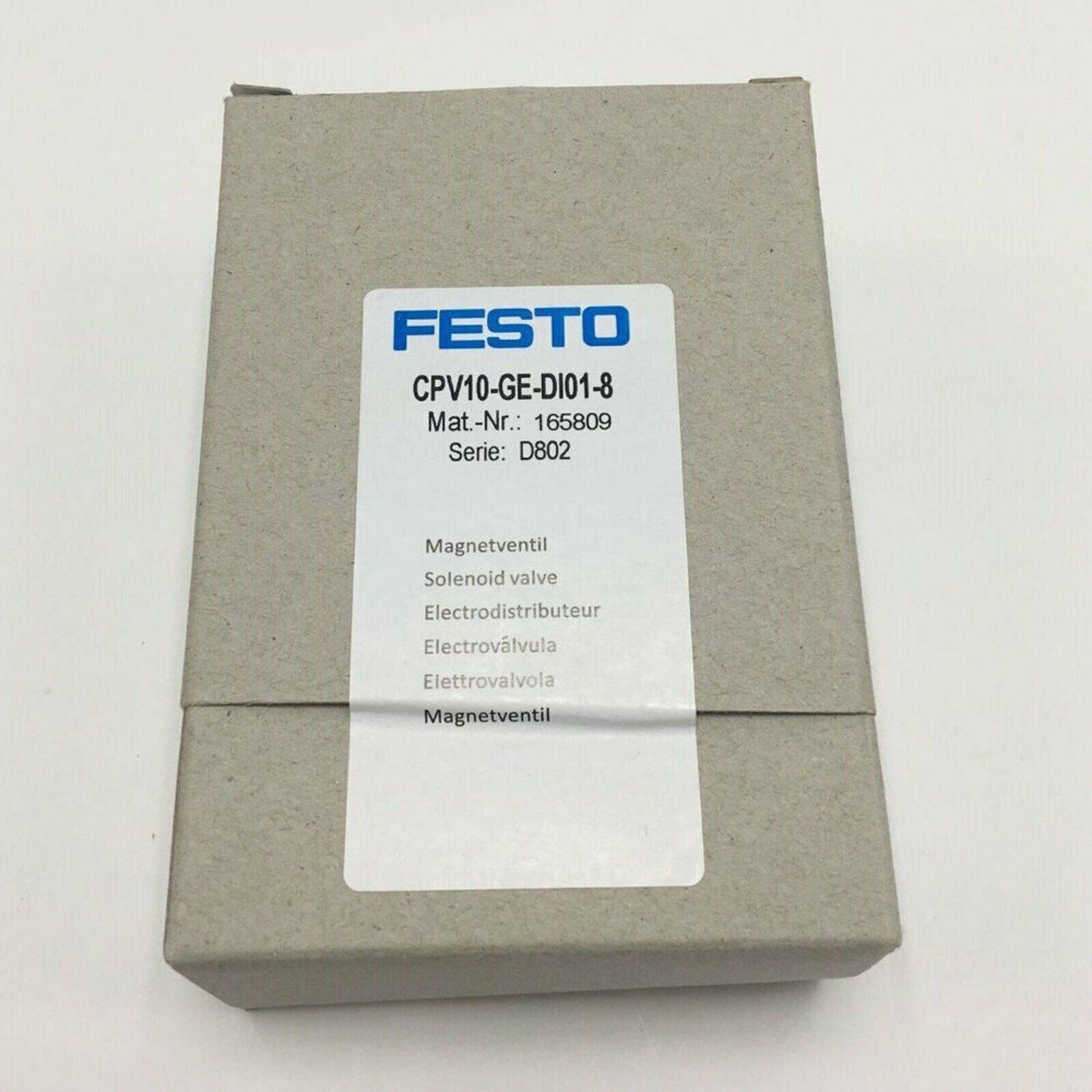 FESTO CPV10-GE-DI01-8 solenoid valve in a gray box, featuring model details for industrial automation.