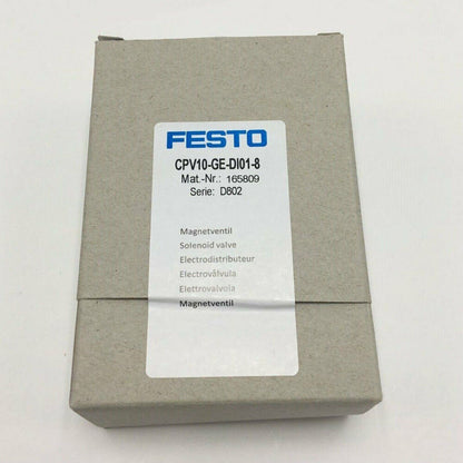 FESTO CPV10-GE-DI01-8 solenoid valve in a gray box, featuring model details for industrial automation.