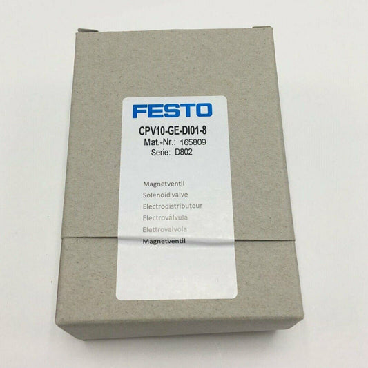 FESTO CPV10-GE-DI01-8 solenoid valve in a gray box, featuring model details for industrial automation.