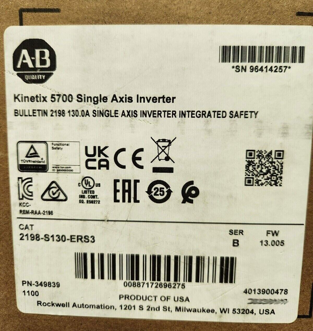 2198-S130-ERS3 SER B ALLEN BRADLEY New Factory Sealed Kinetix 5700 FW 13.005