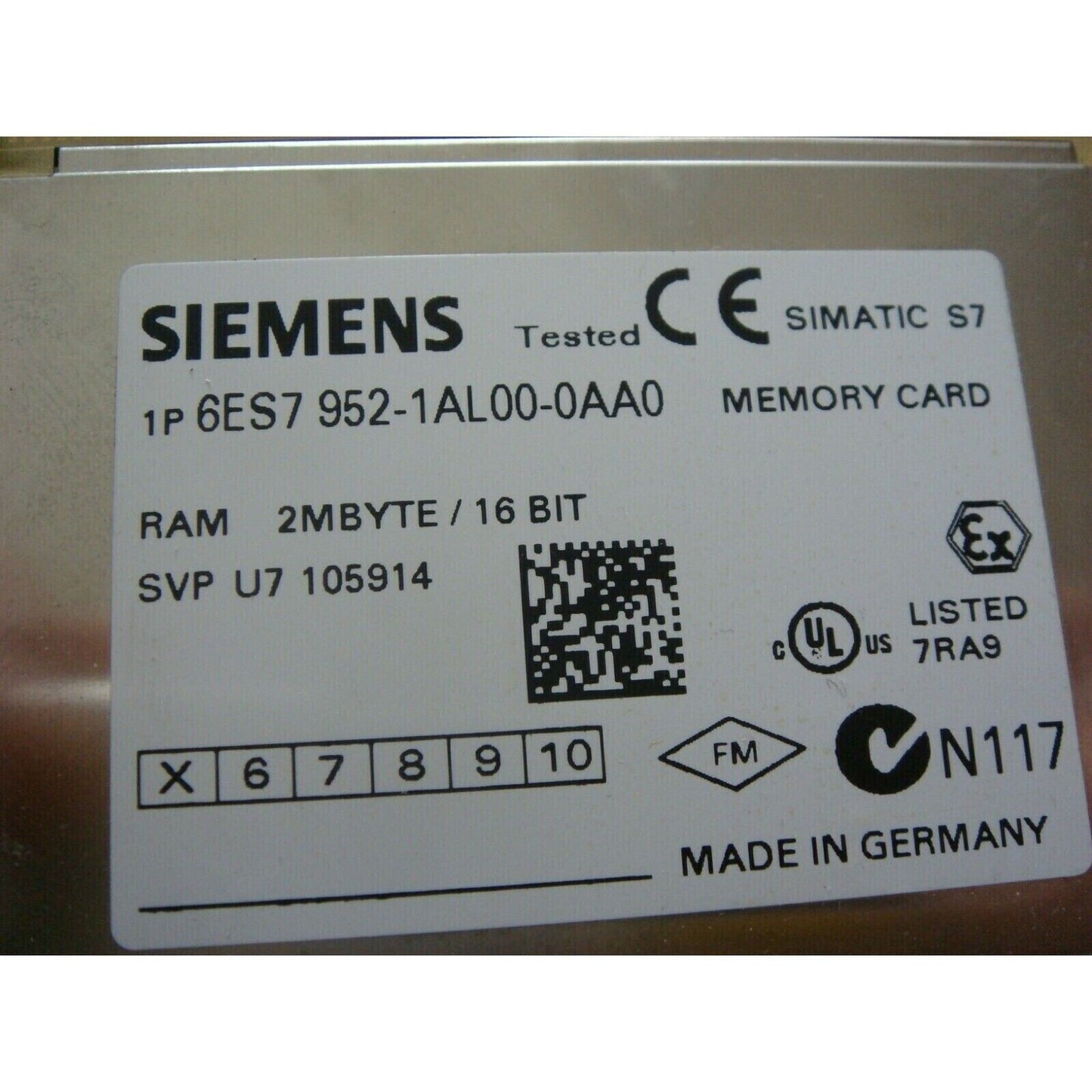 Siemens SIMATIC S7 memory card, 1P 6ES7 952-1AL00-0AA0, 2MB RAM, tested, Made in Germany.