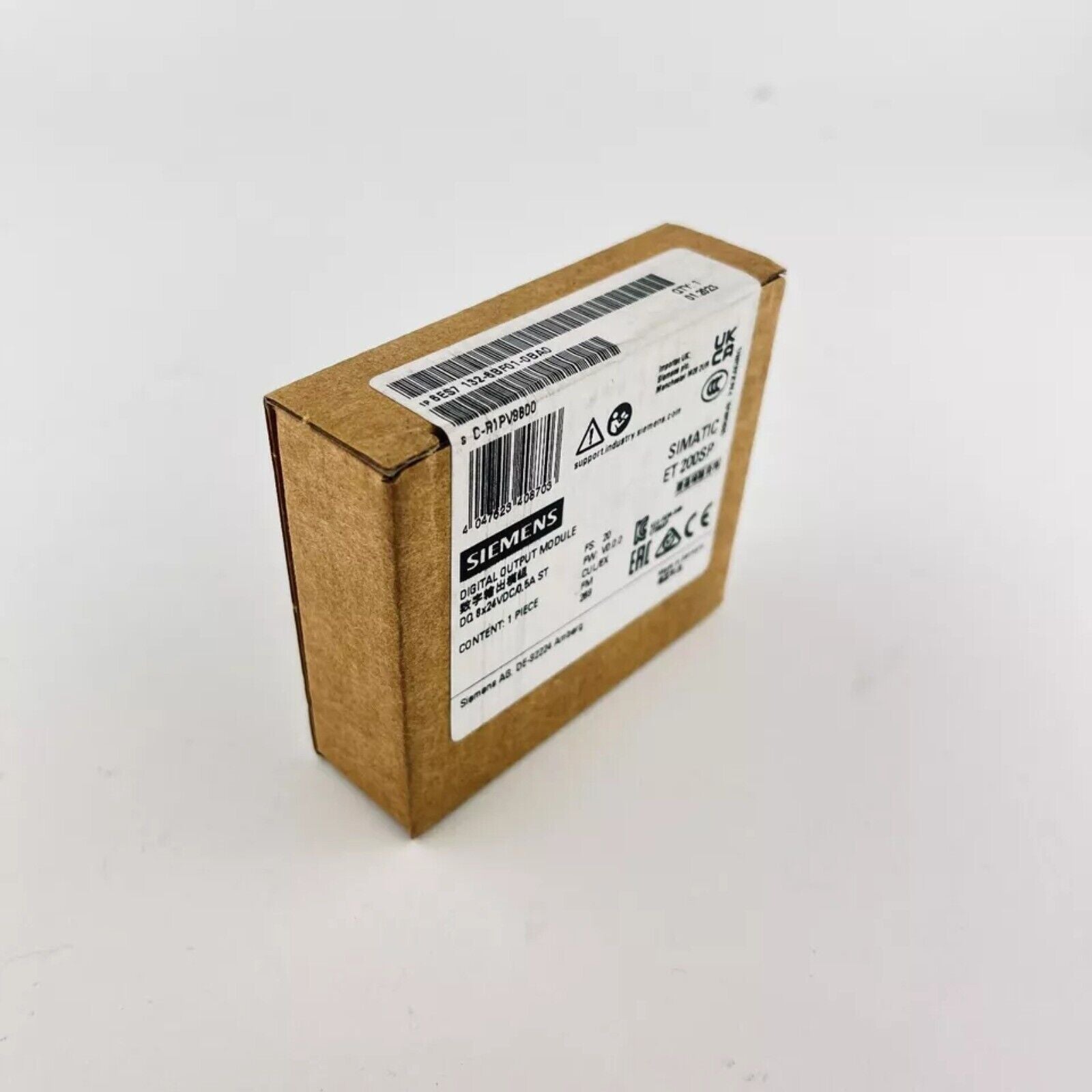 Siemens SIMATIC ET 200SP Digital Output Module in a brown cardboard box. The box has product information labels.