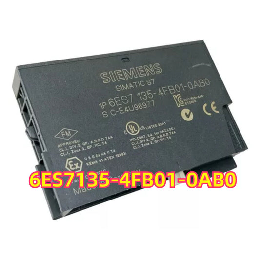 Siemens SIMATIC S7 6ES7135-4FB01-0AB0 Analog Output Module. Black industrial automation component with part number.