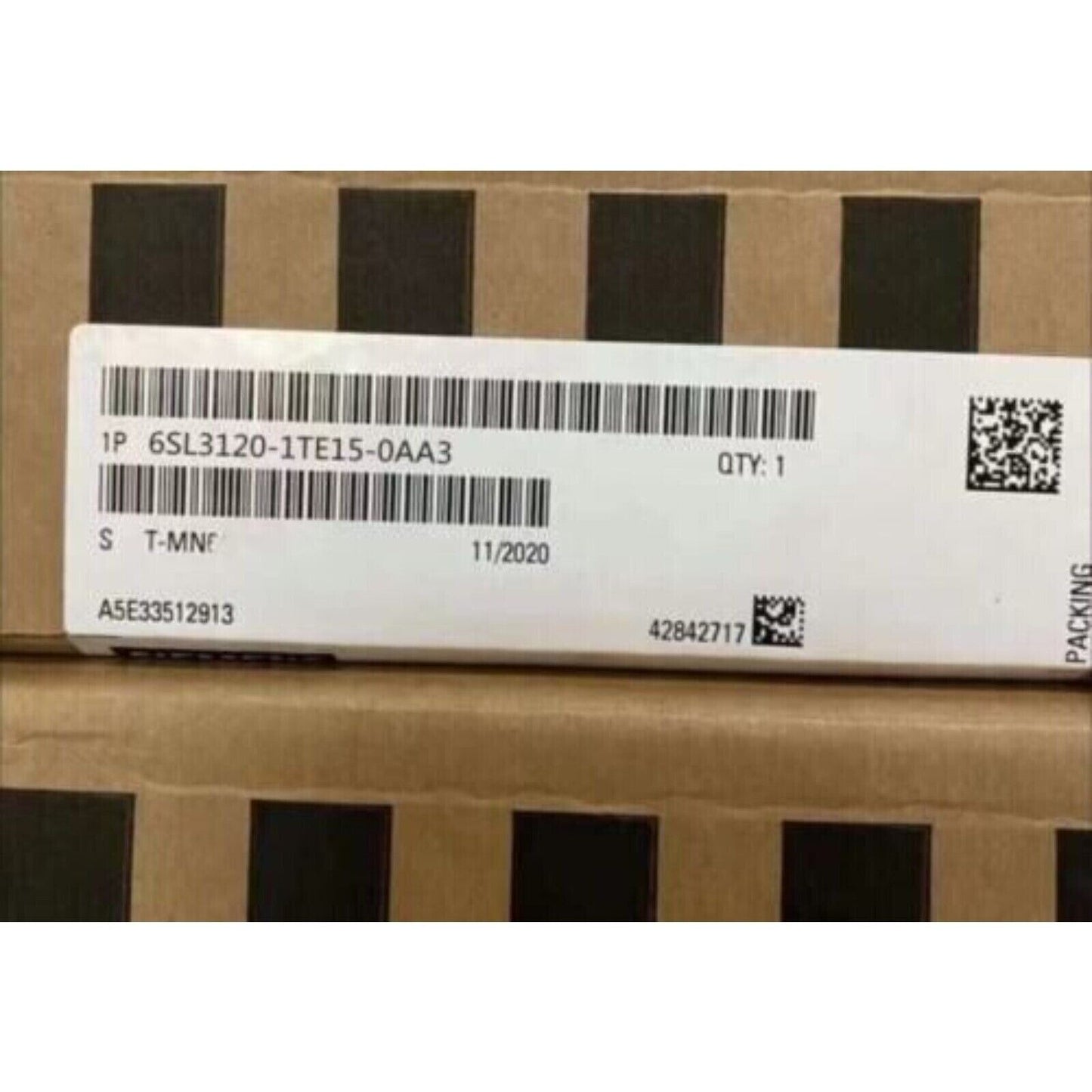 Siemens 6SL3120-1TE15-0AA3 S120 Single Motor Module product label on box, showing part number and details.