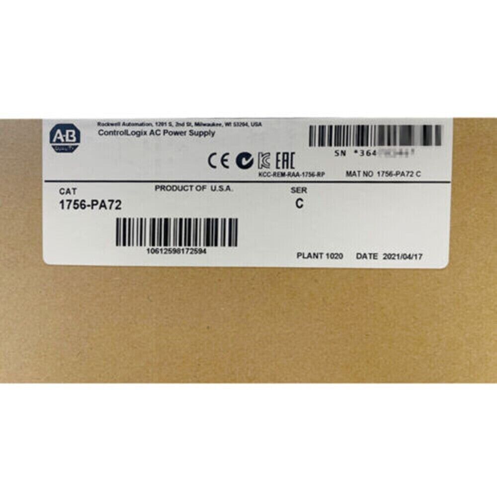 Allen-Bradley 1756-PA72 AC Power Supply label, product of U.S.A, for ControlLogix systems.