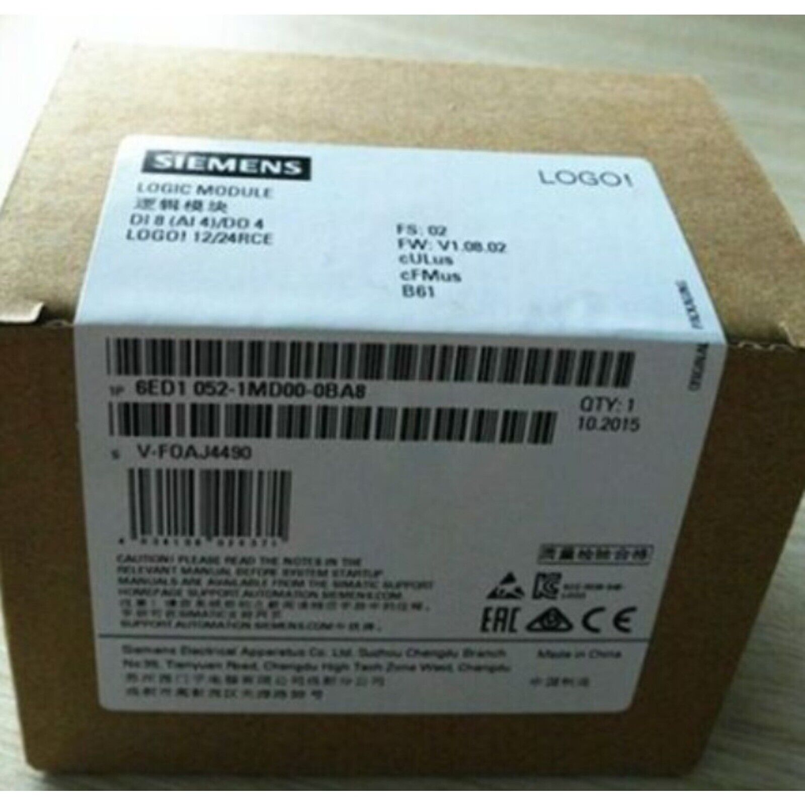 Siemens LOGO! 8 logic module 6ED1052-1MD08-0BA0 box. Industrial automation component packaging.