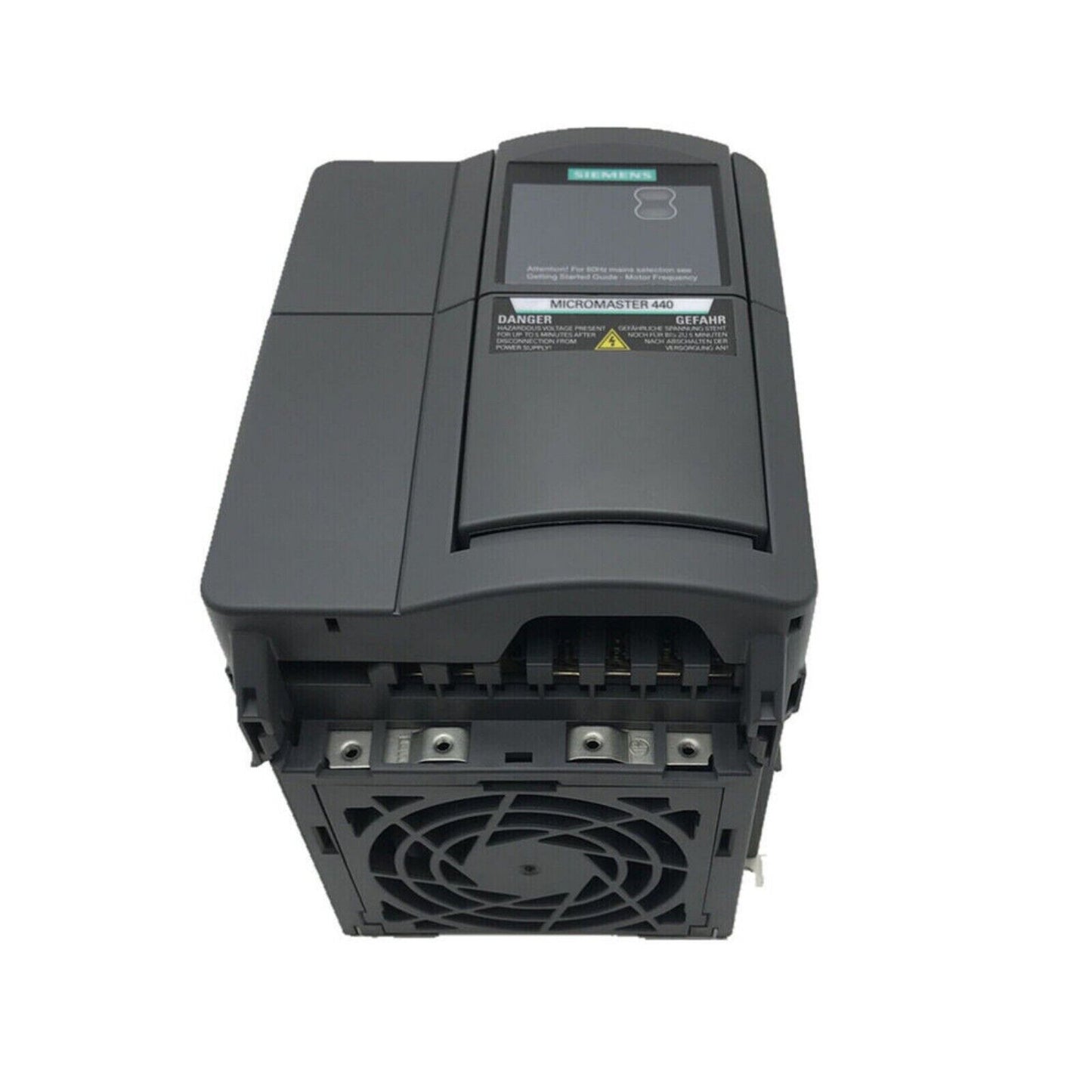 Siemens MICROMASTER 440 drive, industrial automation part, black housing, fan detail, danger warning label