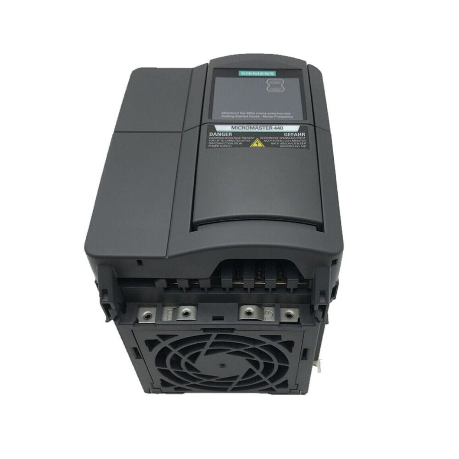 Siemens MICROMASTER 440 drive, industrial automation part, black housing, fan detail, danger warning label