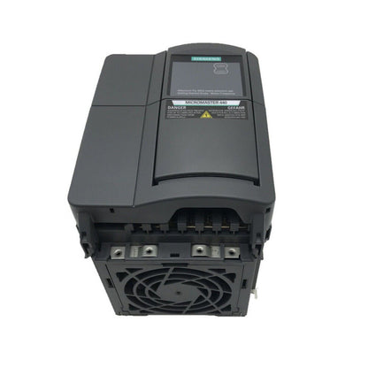 Siemens MICROMASTER 440 drive, industrial automation part, black housing, fan detail, danger warning label