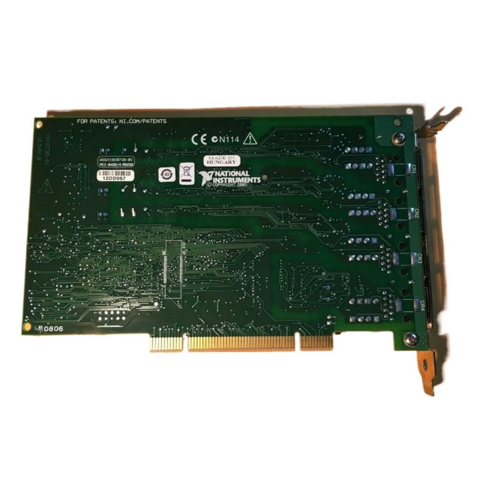 NI PXI-8432/4 serial interface card. Circuit board details, Made in Hungary. Industrial automation PCI module.