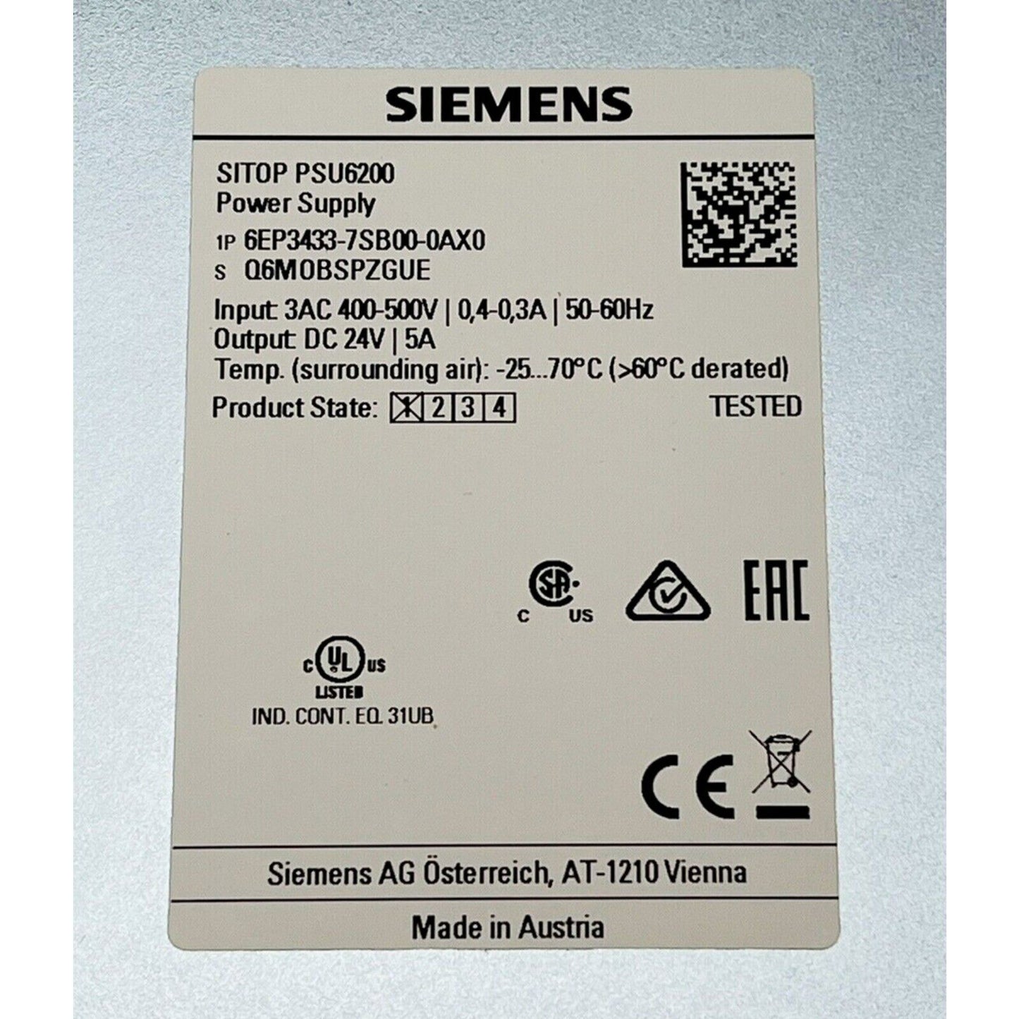 Siemens SITOP PSU6200 power supply label with specifications, industrial automation part 6EP3433-7SB00-0AX0