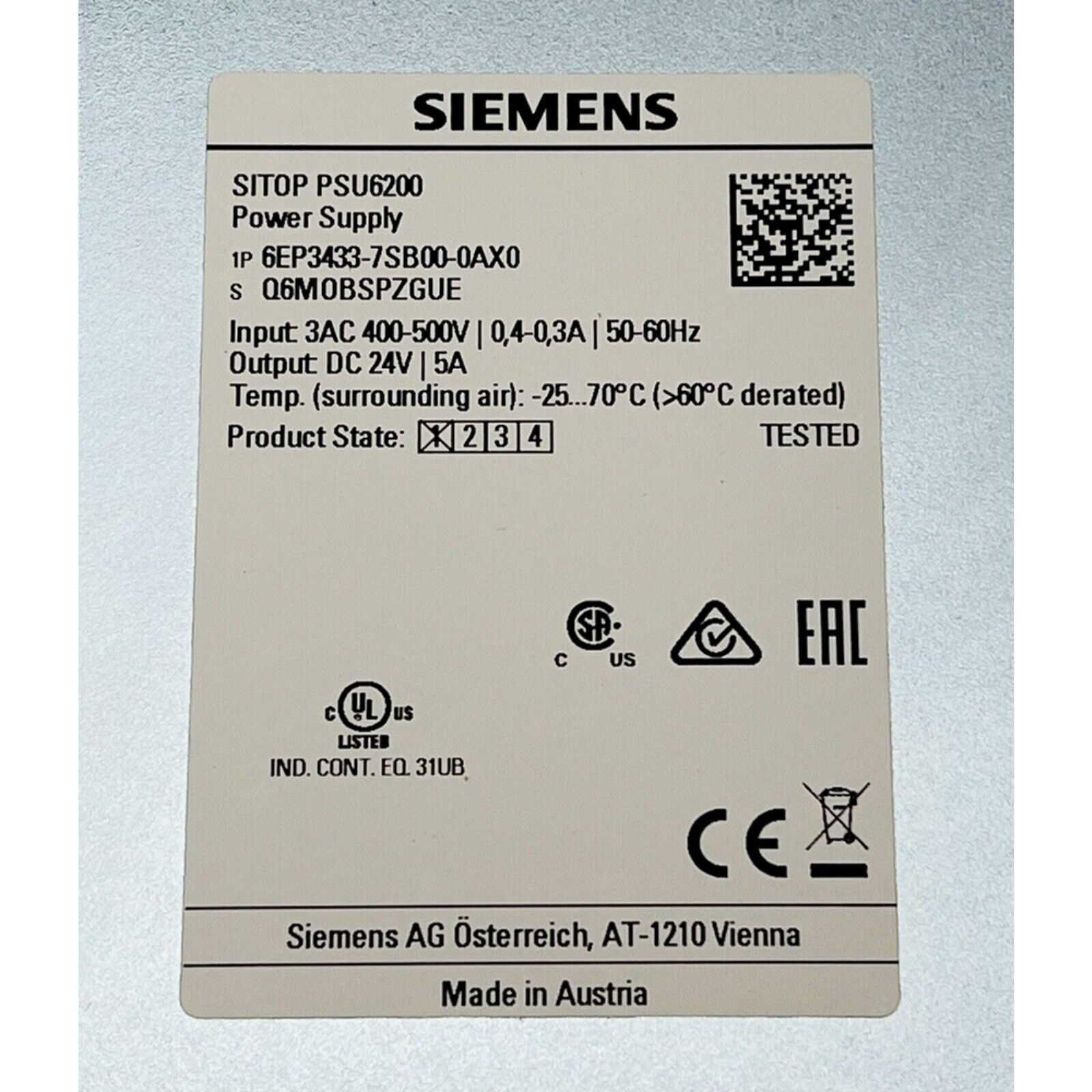 Siemens SITOP PSU6200 power supply label with specifications, industrial automation part 6EP3433-7SB00-0AX0