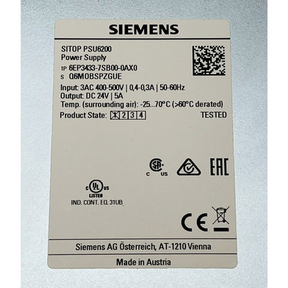 Siemens SITOP PSU6200 power supply label with specifications, industrial automation part 6EP3433-7SB00-0AX0