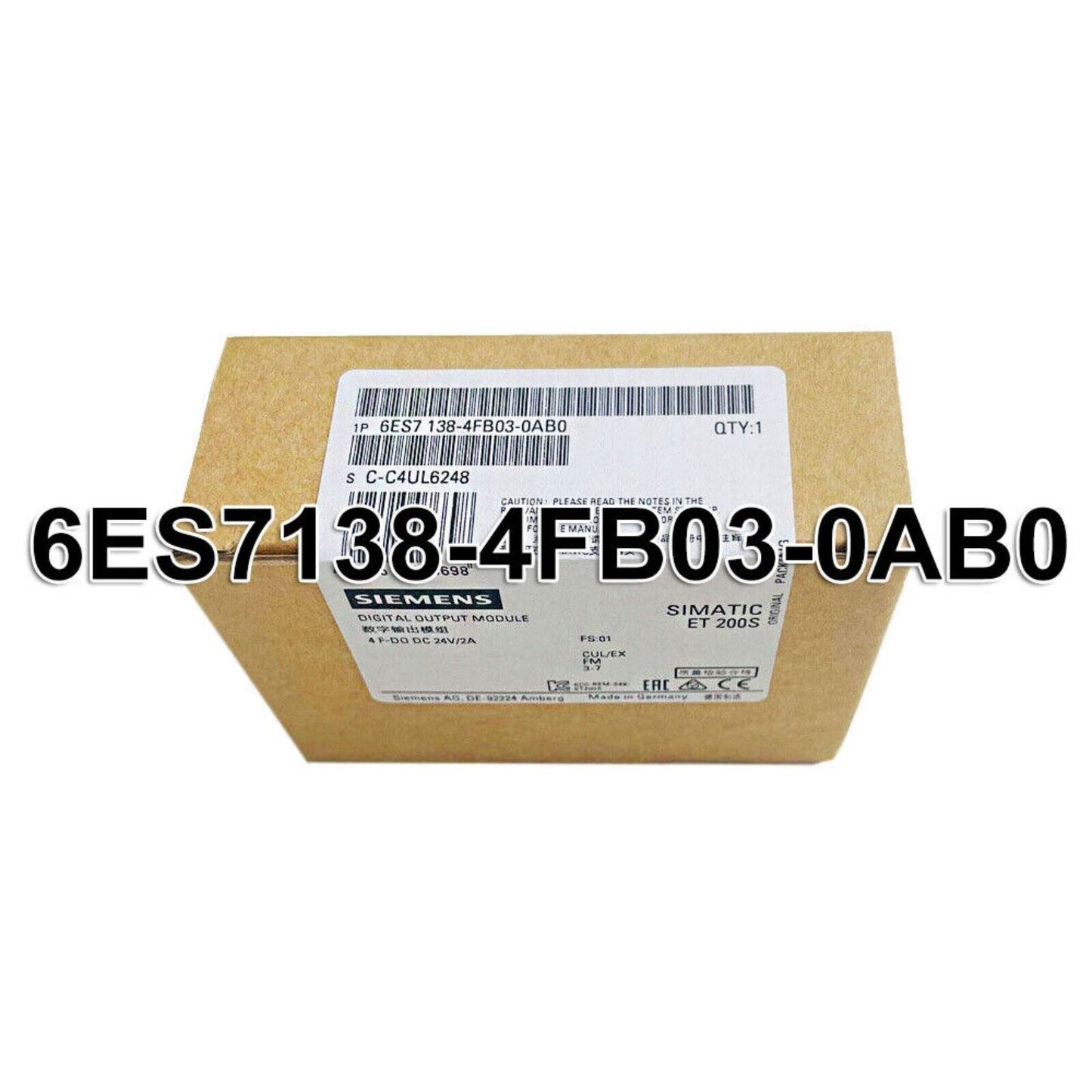Siemens SIMATIC ET 200S 6ES7138-4FB03-0AB0 digital output module packaging, product details on box