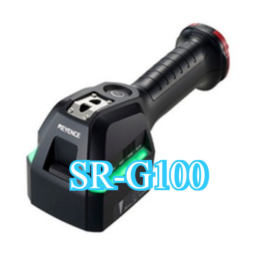 Keyence SR-G100 Handheld DPM Barcode Reader Scanner, black with green accents. Features SR-G100 text.