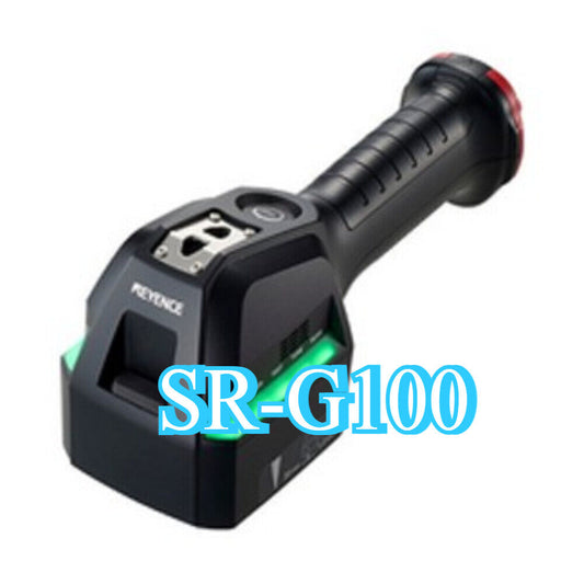 Keyence SR-G100 Handheld DPM Barcode Reader Scanner, black with green accents. Features SR-G100 text.