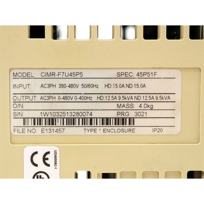 YASKAWA CIMR-F7U45P5 AC Drive Label, industrial automation part specifications, 380-480V Input, 0-480V Output