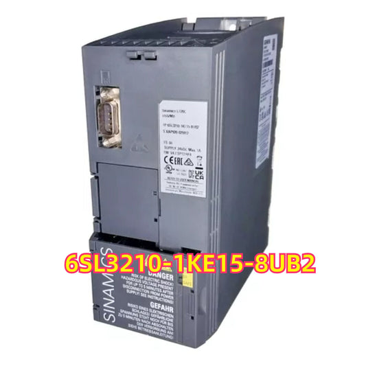 Siemens SINAMICS G120C PLC 6SL3210-1KE15-8UB2, industrial automation component, gray, with labels and serial numbers.