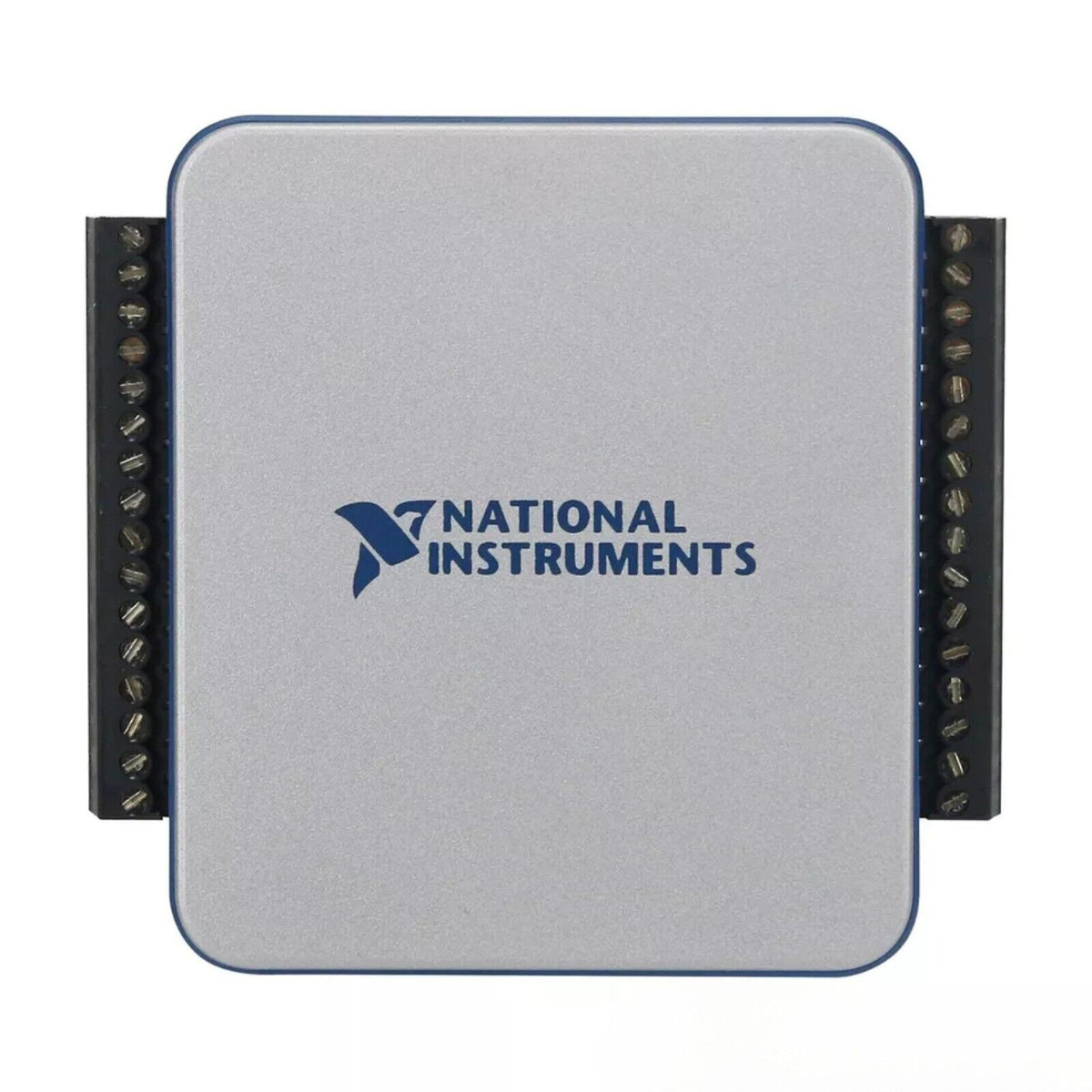 National Instruments USB-6002 Multifunction I/O Device. Silver data acquisition module with connectors, NI logo.