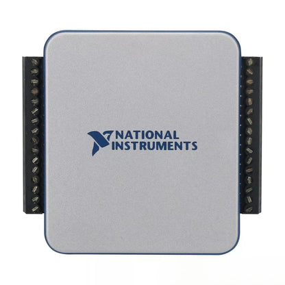 National Instruments USB-6002 Multifunction I/O Device. Silver data acquisition module with connectors, NI logo.