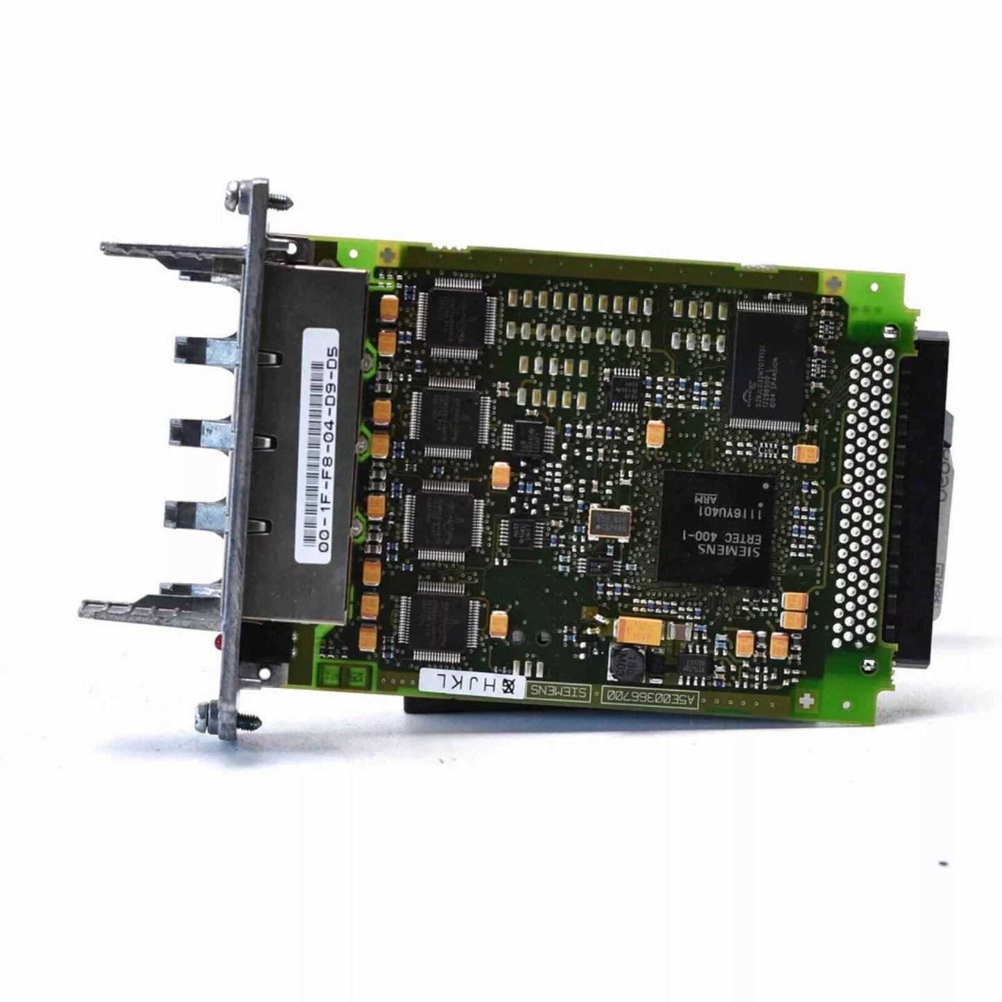 Siemens 6FC5312-0FA00-0AA0 PROFINET module. Industrial automation part with green circuit board and metal bracket.