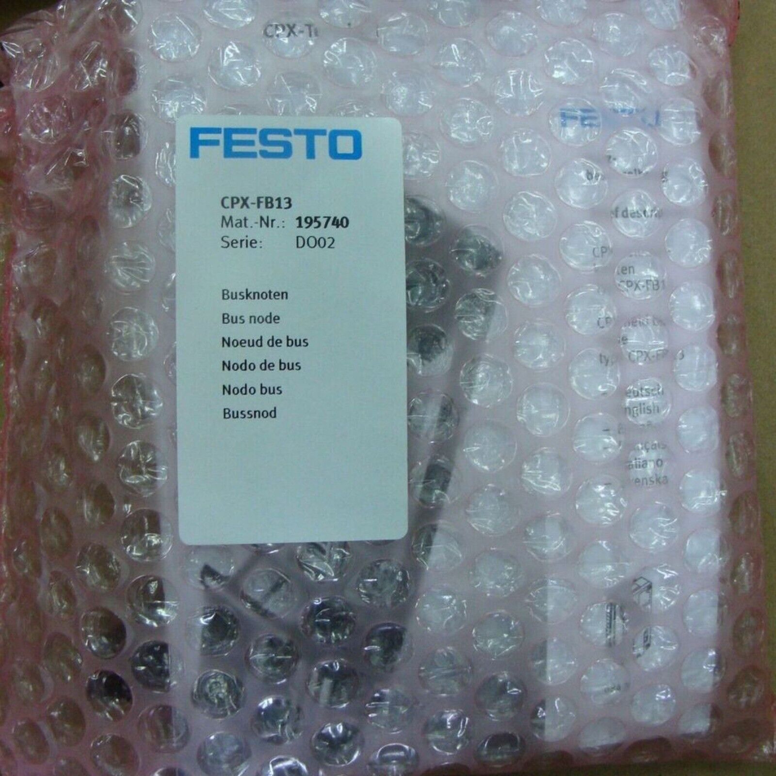 Festo CPX-FB13 Bus node, model 195740, in protective packaging. Industrial automation part.