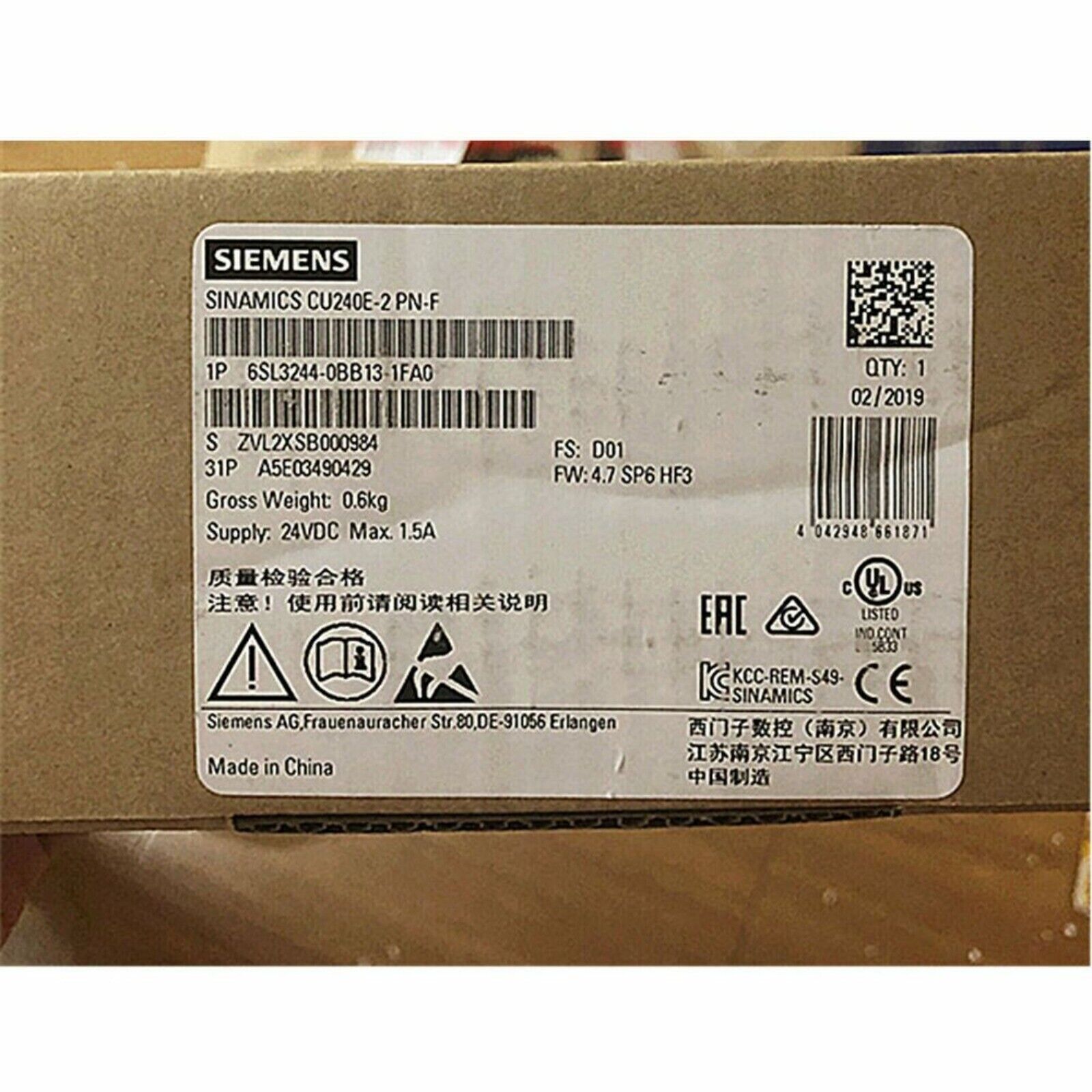 Siemens SINAMICS CU240E-2 PN-F drive label with product information, 6SL3244-0BB13-1FA0, industrial automation part.