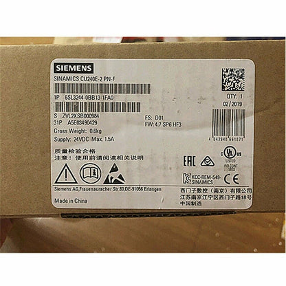 Siemens SINAMICS CU240E-2 PN-F drive label with product information, 6SL3244-0BB13-1FA0, industrial automation part.