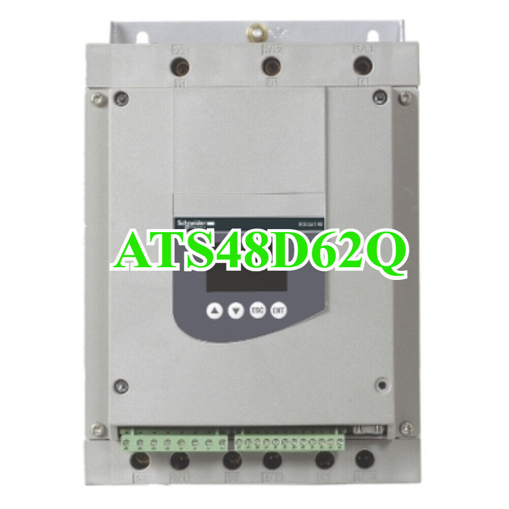 Schneider ATS48D62Q Contactor, PLC Module in gray casing. Featuring display screen and terminal connectors.
