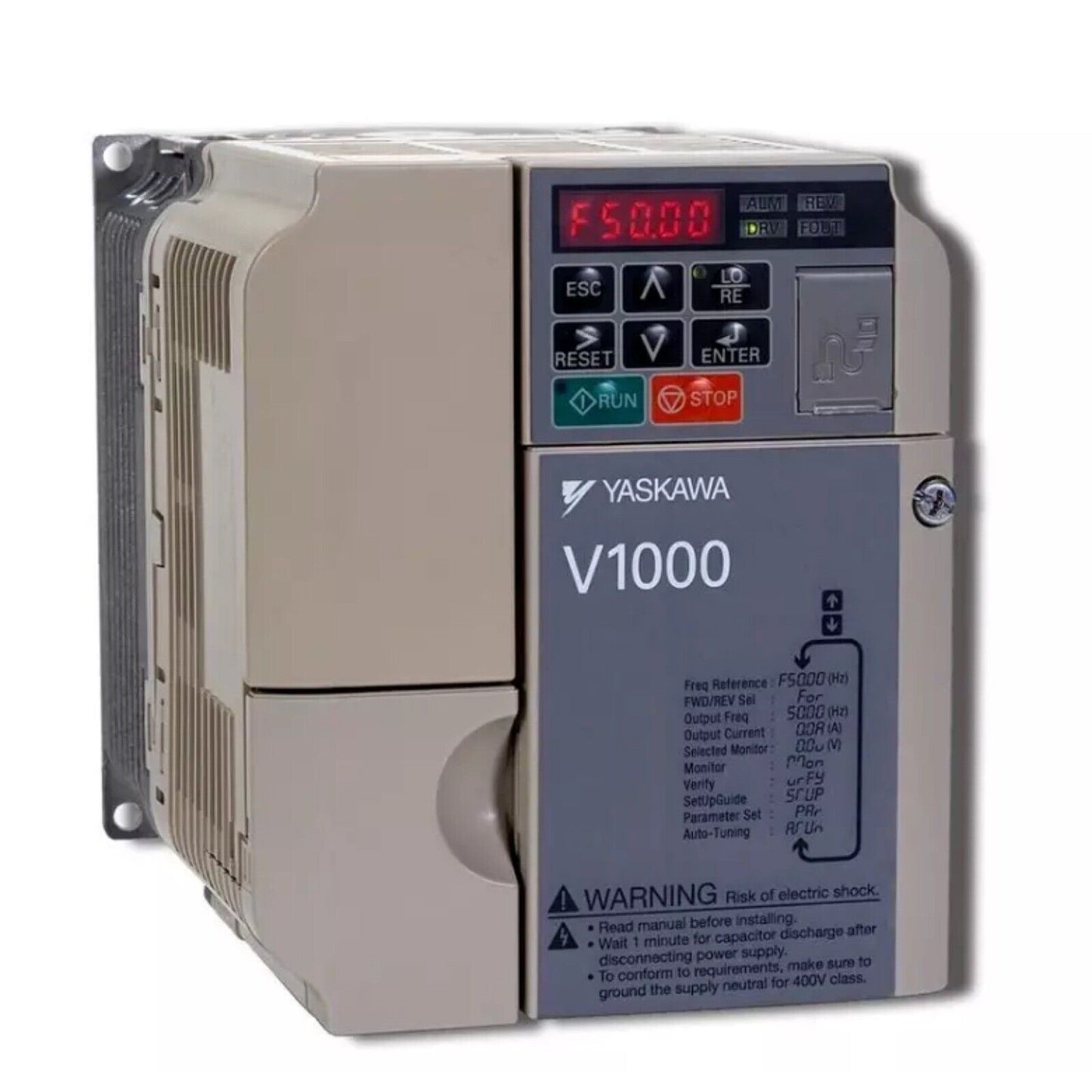YASKAWA V1000 Series Inverter, model CIMR-VU2A0040FAA, industrial automation equipment.