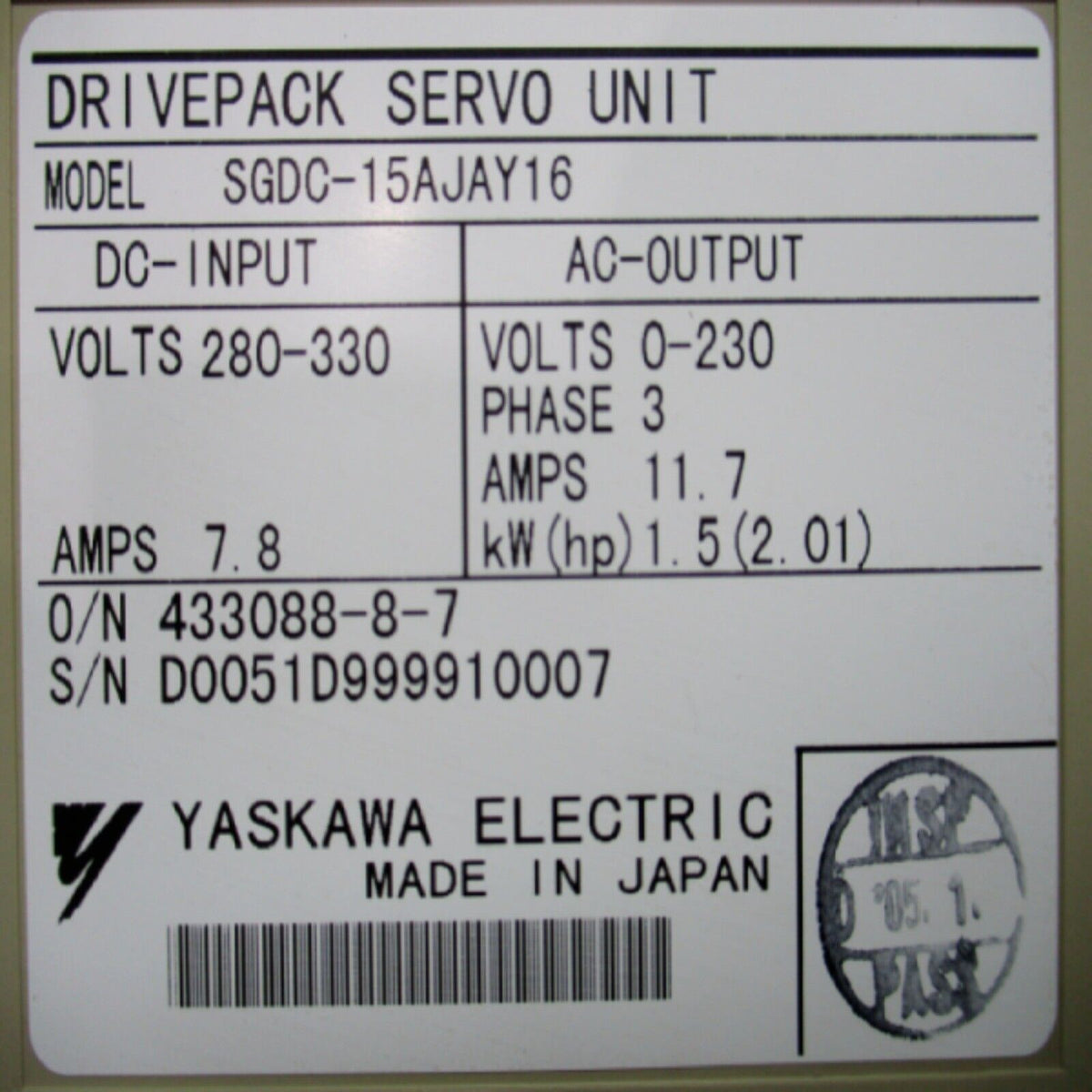 YASKAWA SGDC-15AJAY16 servo drive unit label with specifications, Made in Japan.