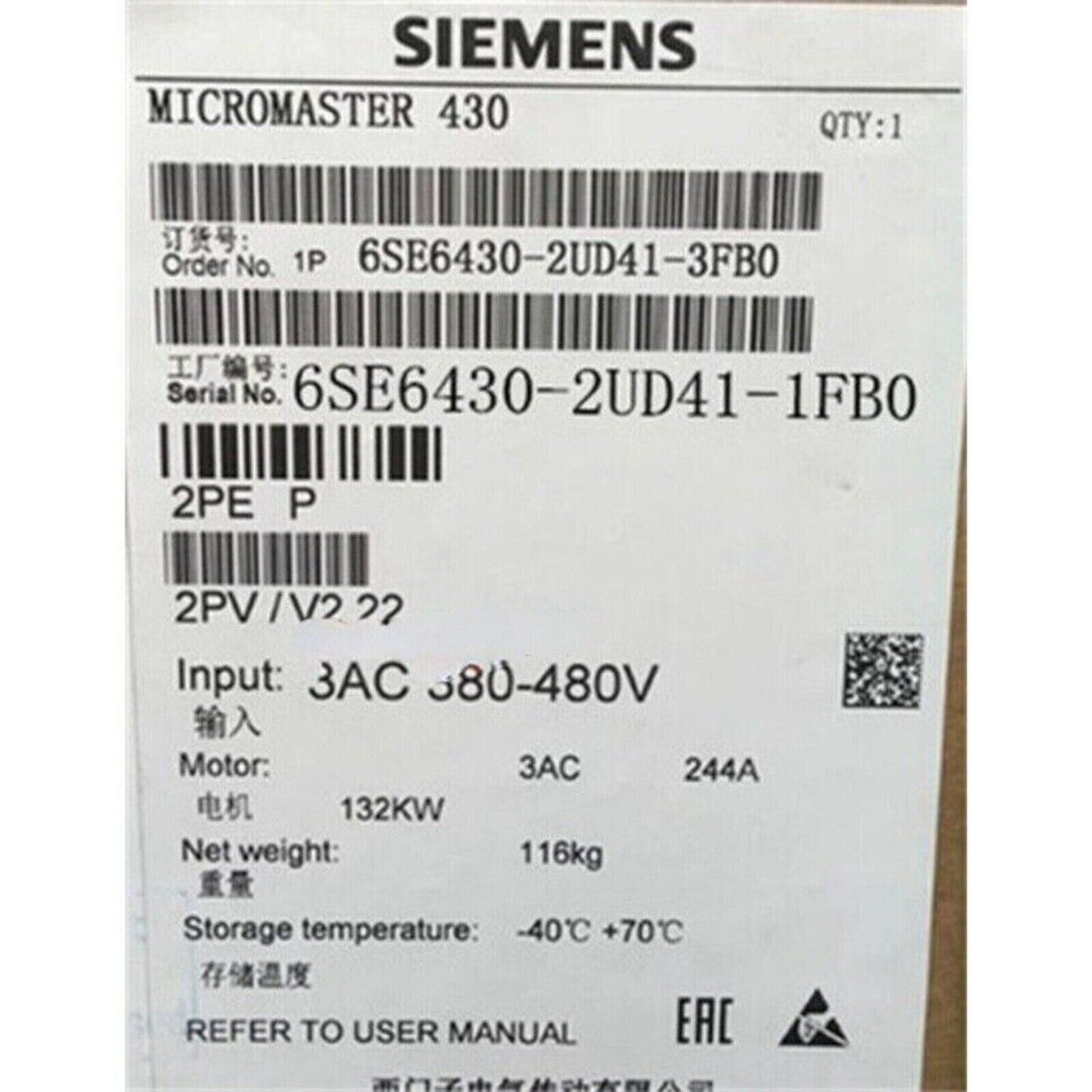 Siemens MICROMASTER 430 drive label with model 6SE6430-2UD41-1FB0, industrial automation part, information sticker.