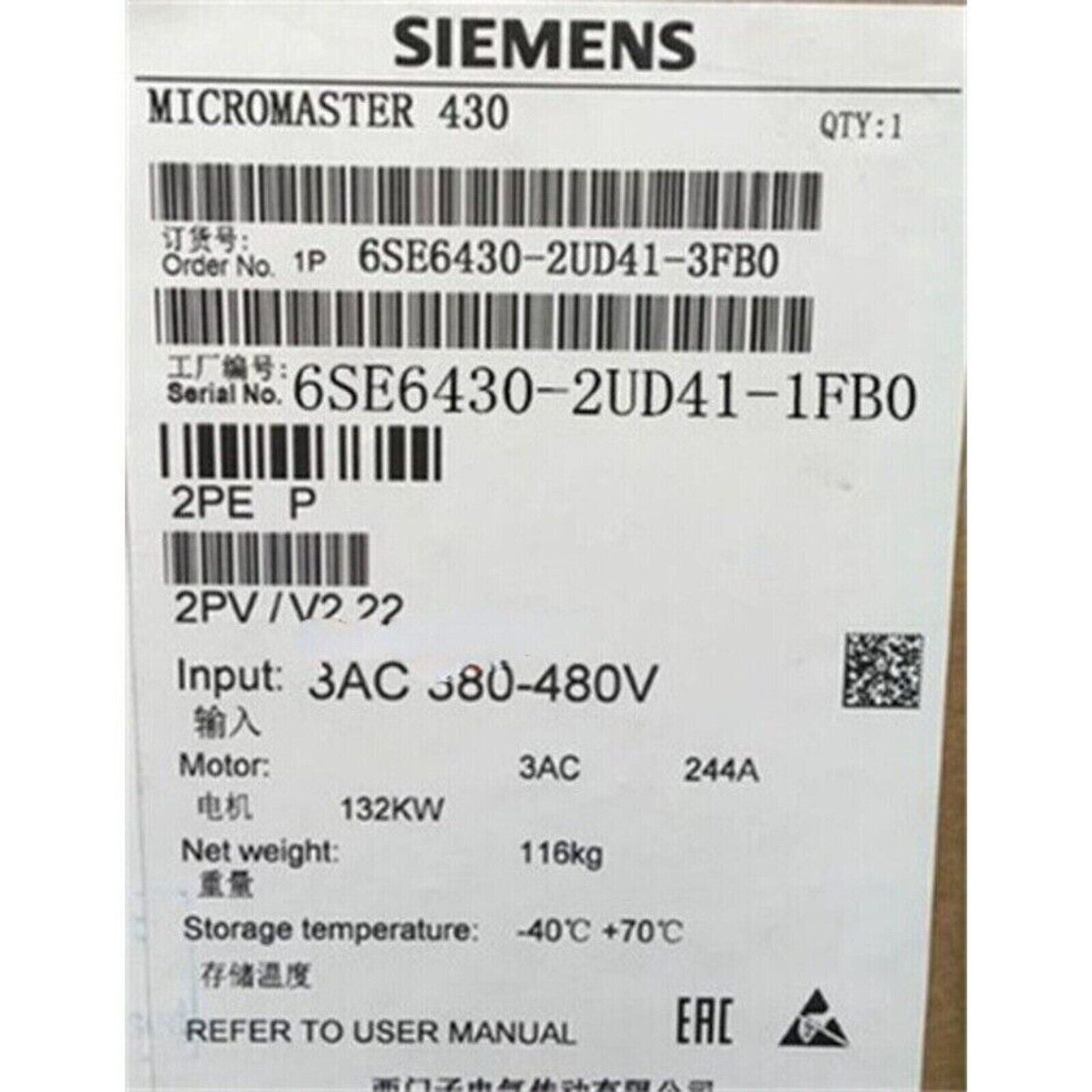 Siemens MICROMASTER 430 drive label with model 6SE6430-2UD41-1FB0, industrial automation part, information sticker.