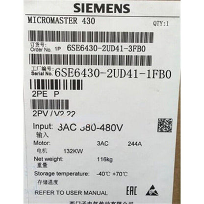 Siemens MICROMASTER 430 drive label with model 6SE6430-2UD41-1FB0, industrial automation part, information sticker.
