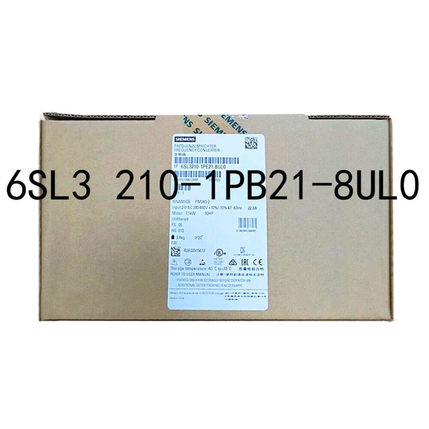 Siemens SINAMICS PM240-2 frequency converter 6SL3210-1PB21-8UL0, industrial automation part in a brown box.