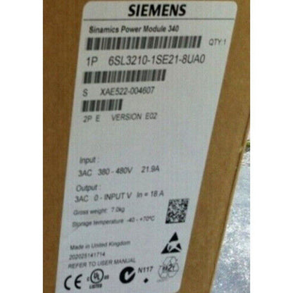 Siemens SINAMICS Power Module 340 label, part number 6SL3210-1SE21-8UA0, industrial VFD component.