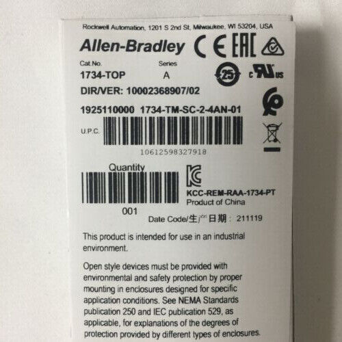 Allen-Bradley 1734-TOP terminal base label with product specifications and certification marks.