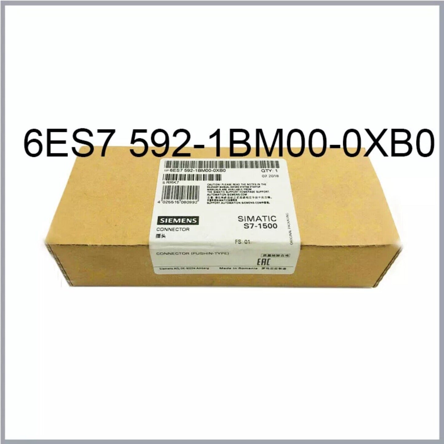 Siemens SIMATIC S7-1500 6ES7592-1BM00-0XB0 Backplane Bus Connector packaging, push-in design, product code 6ES7592-1BM00-0XB0