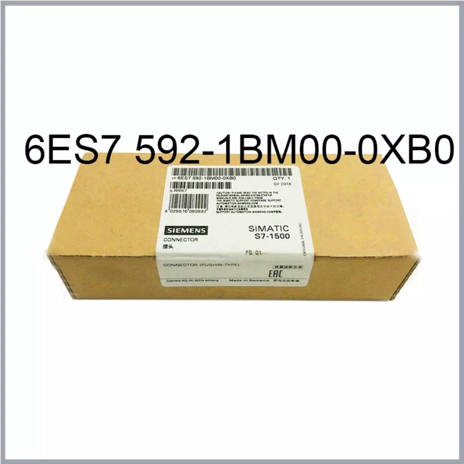 Siemens SIMATIC S7-1500 6ES7592-1BM00-0XB0 Backplane Bus Connector packaging, push-in design, product code 6ES7592-1BM00-0XB0