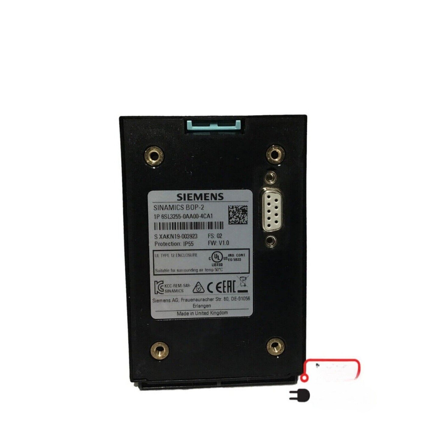 Siemens SINAMICS BOP-2 control unit 6SL3255-0AA00-4CA1 for industrial automation, IP55, made in UK.
