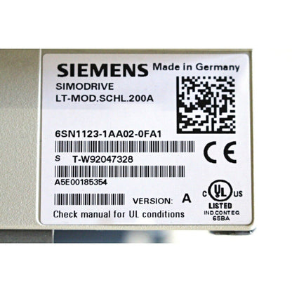 Siemens SIMODRIVE LT-MOD.SCHL.200A industrial automation part, 6SN1123-1AA02-0FA1, Made in Germany.