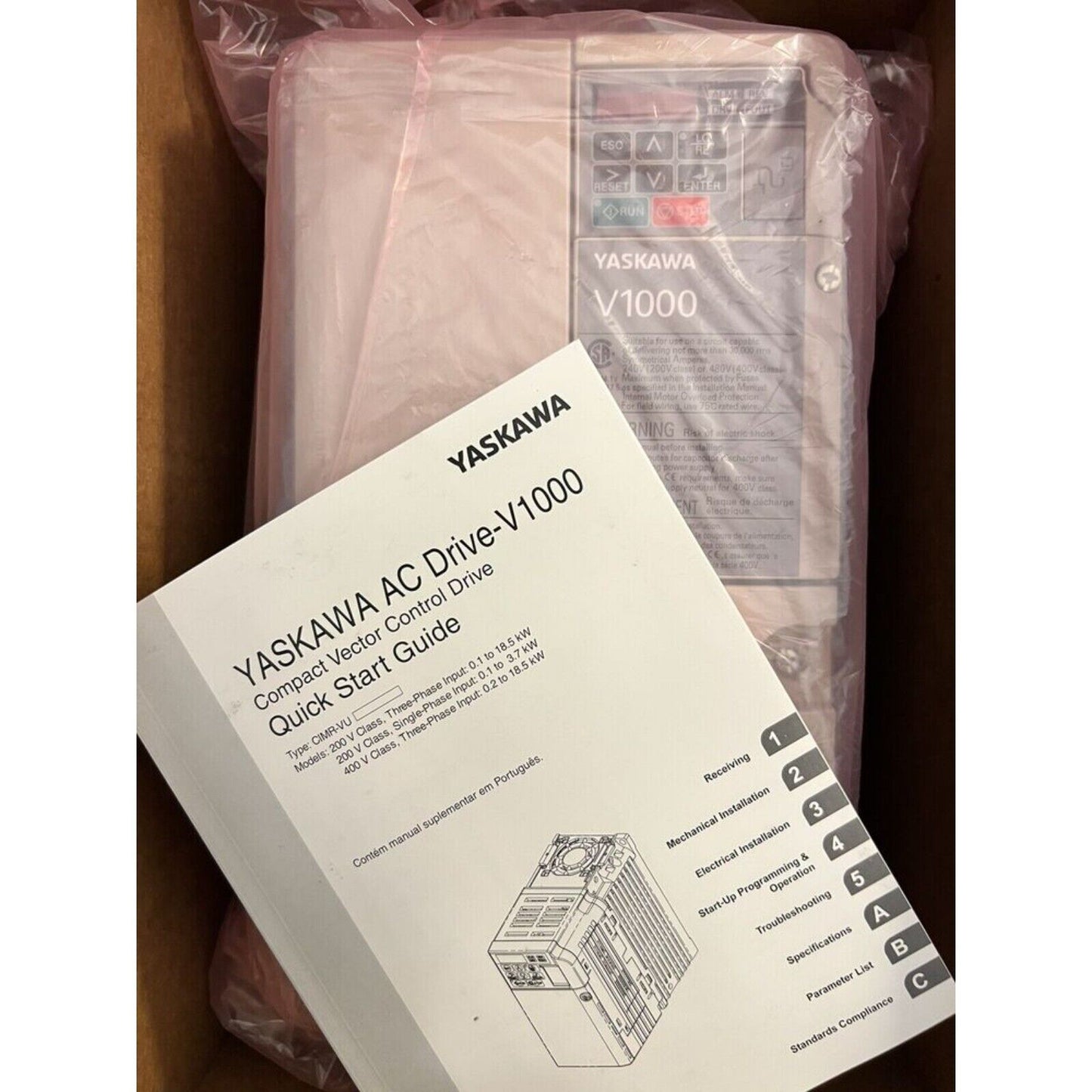 YASKAWA V1000 AC Drive with Quick Start Guide, new expedited shipping, industrial automation components.