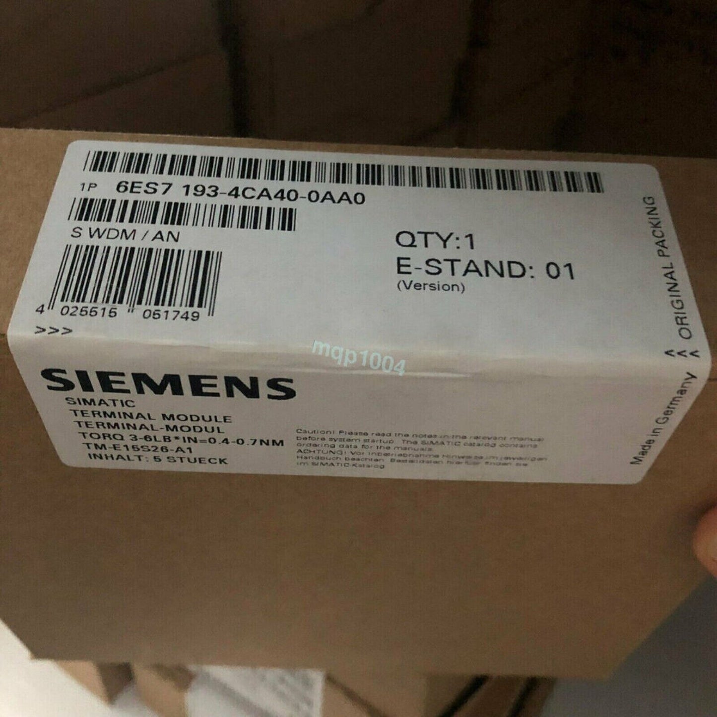 Siemens 6ES7 193-4CA40-0AA0 universal terminal module in original packaging. Automation component.
