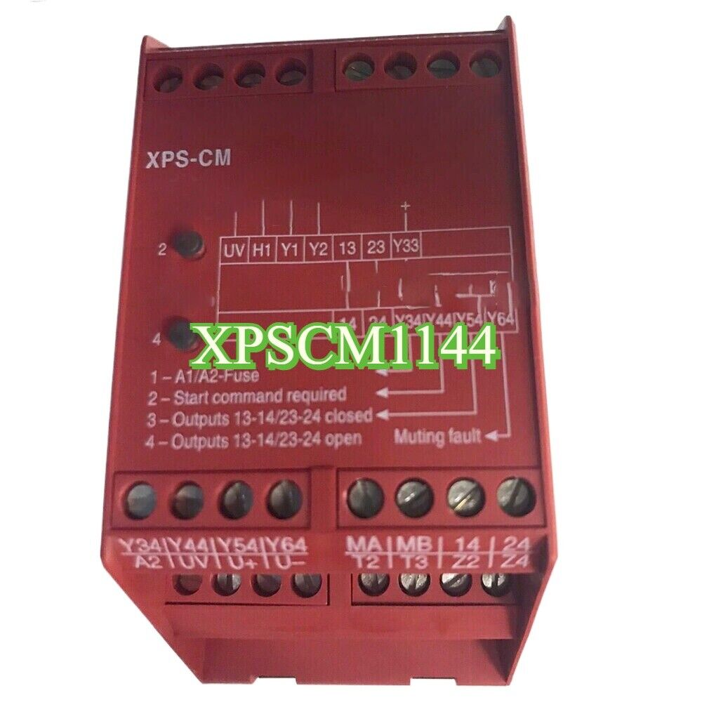 Schneider Electric XPSCM1144 safety relay, red enclosure with terminal blocks. Featured on the Preventa XPS range.
